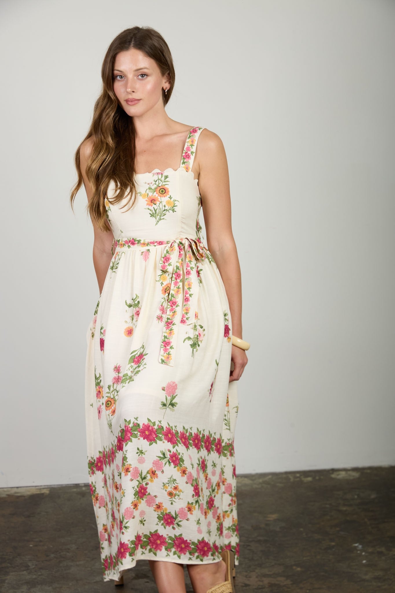 Floral Border Pattern Midi Dress