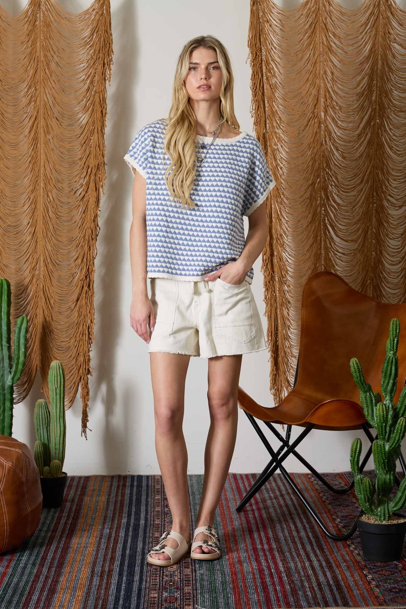 Geometric Stripe Short Sleeve Sweater