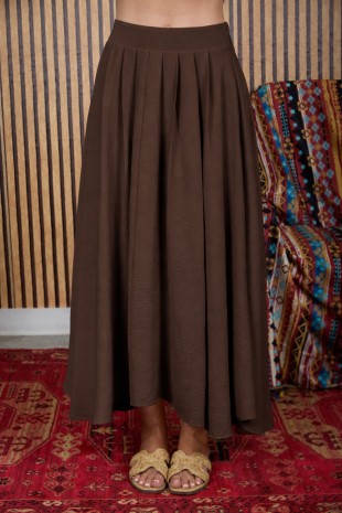 Box Pleat Elastic Waist Midi Skirt (Brown)