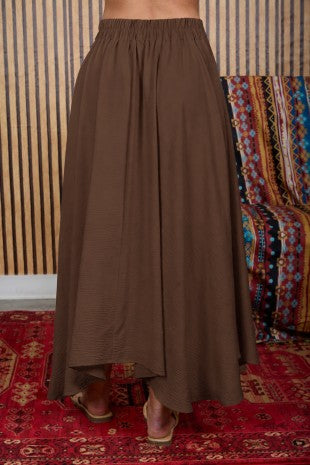 Box Pleat Elastic Waist Midi Skirt (Brown)