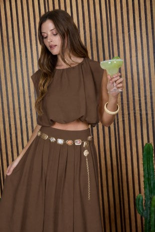 Sleeveless Balloon Hem Crop Top (Brown)