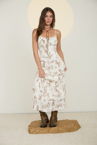 Western Print Spaghetti Strap Midi Dress