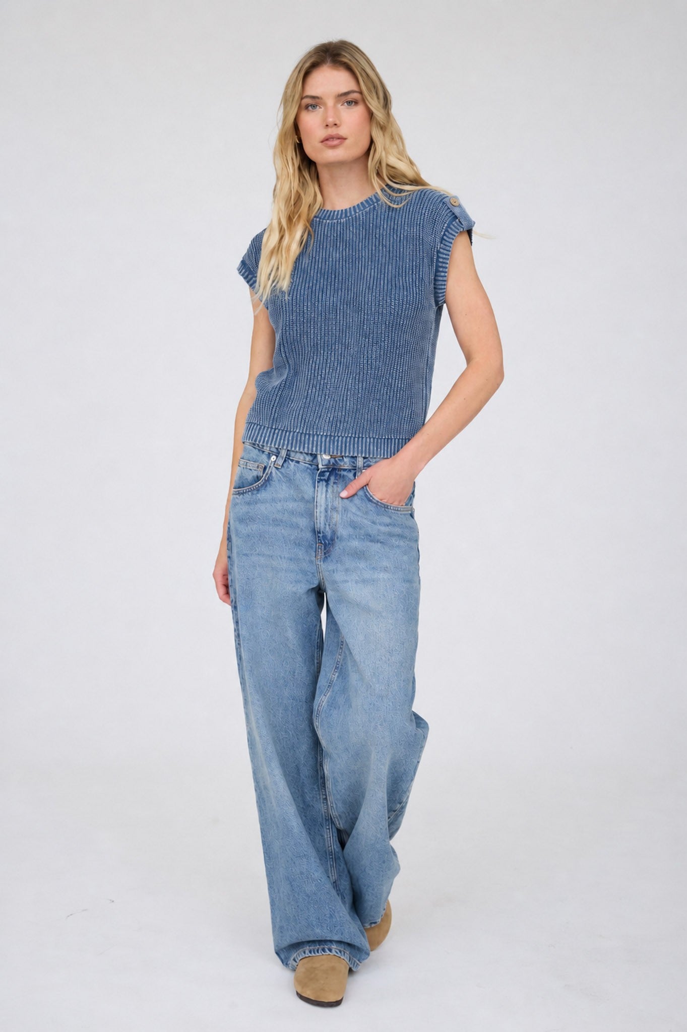 Acid Washed Back Button Knit Top (Indigo)