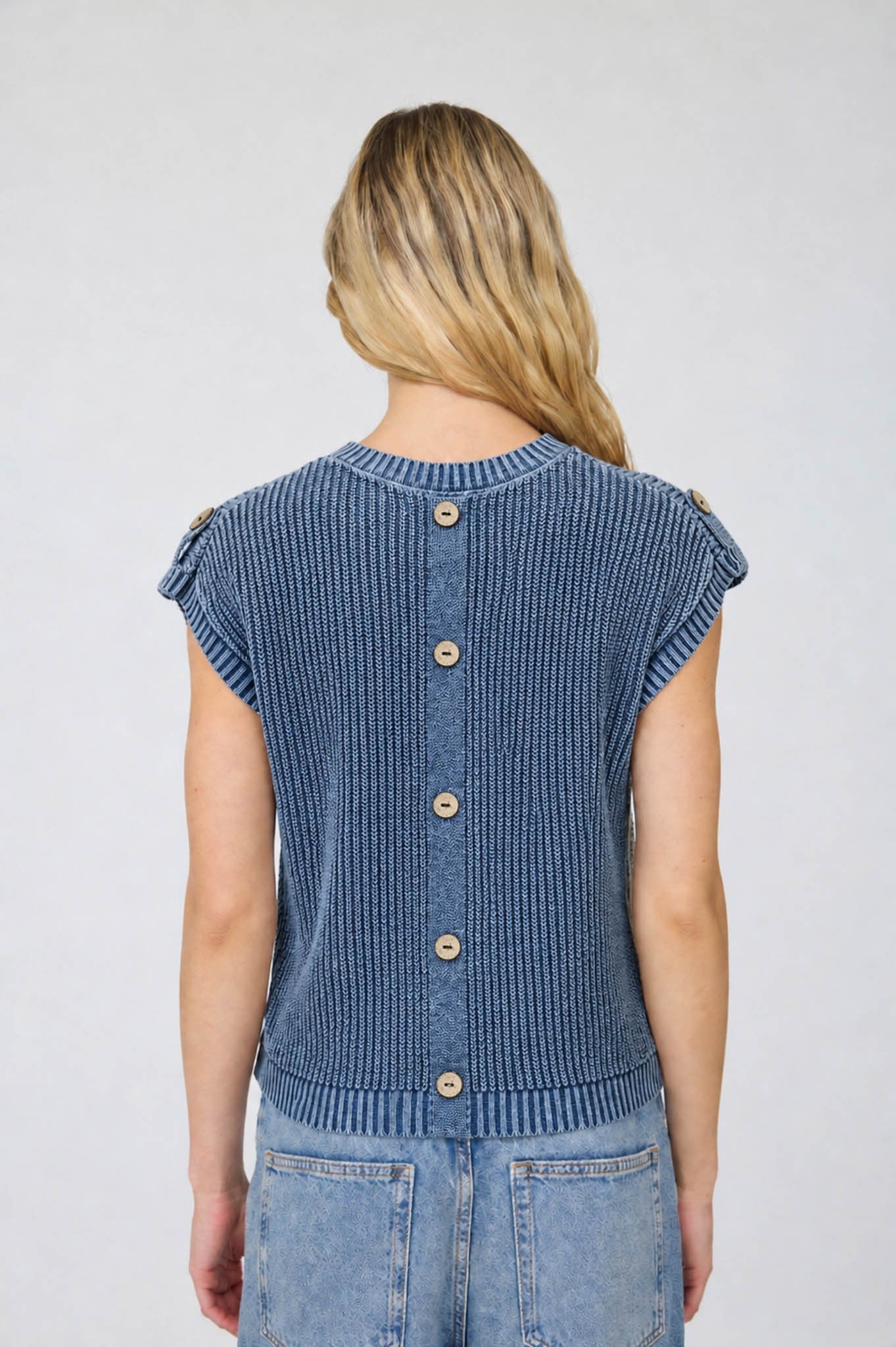 Acid Washed Back Button Knit Top (Indigo)