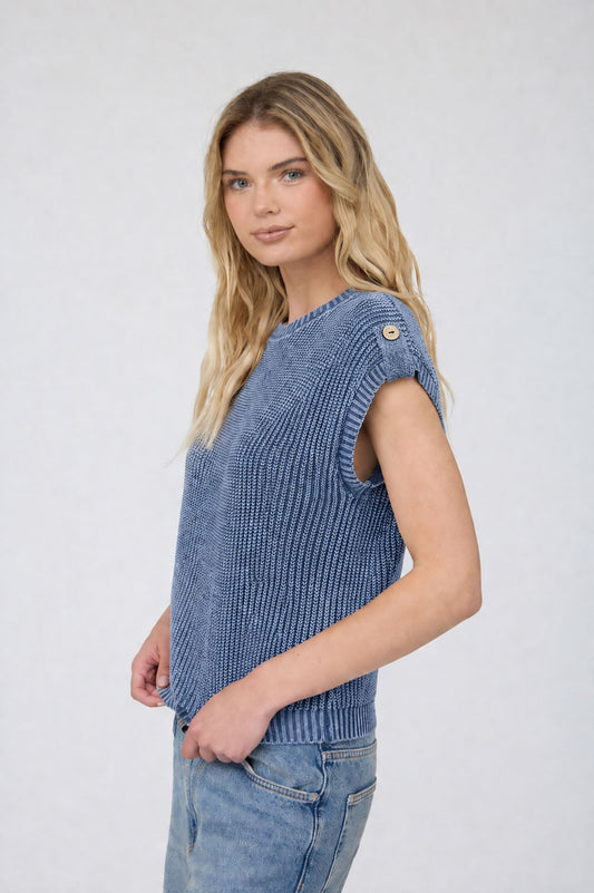 Acid Washed Back Button Knit Top (Indigo)