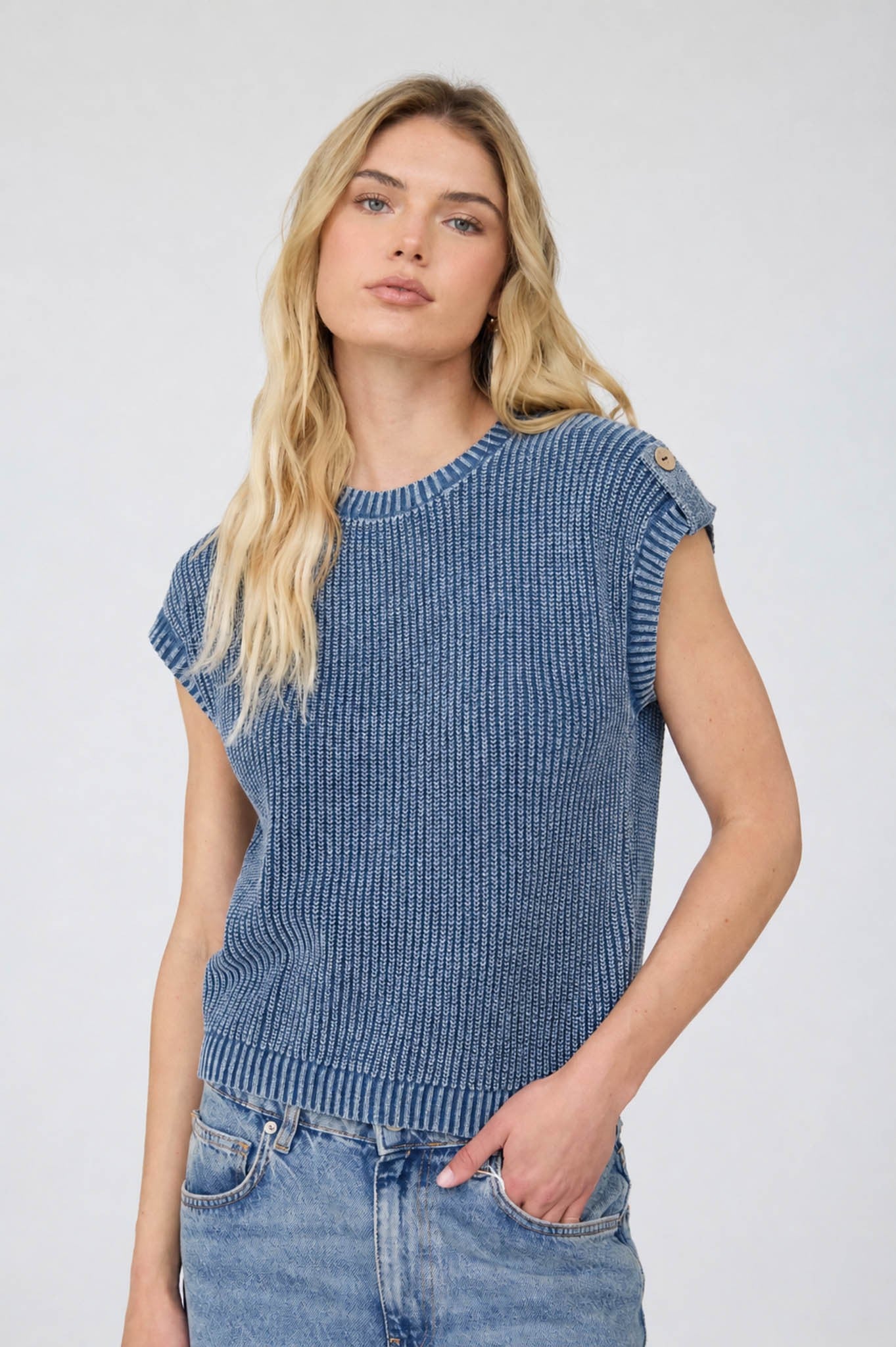 Acid Washed Back Button Knit Top (Indigo)