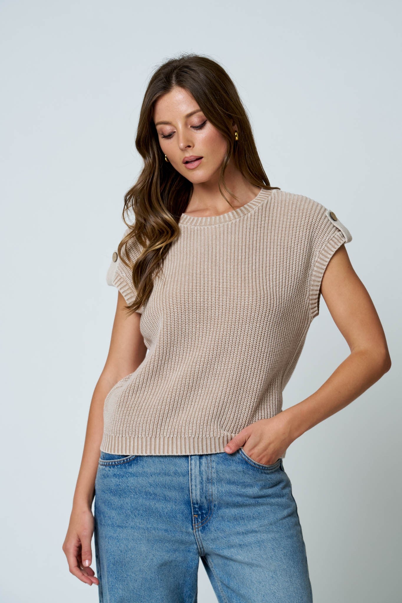 Acid Washed Back Button Knit Top (Khaki)