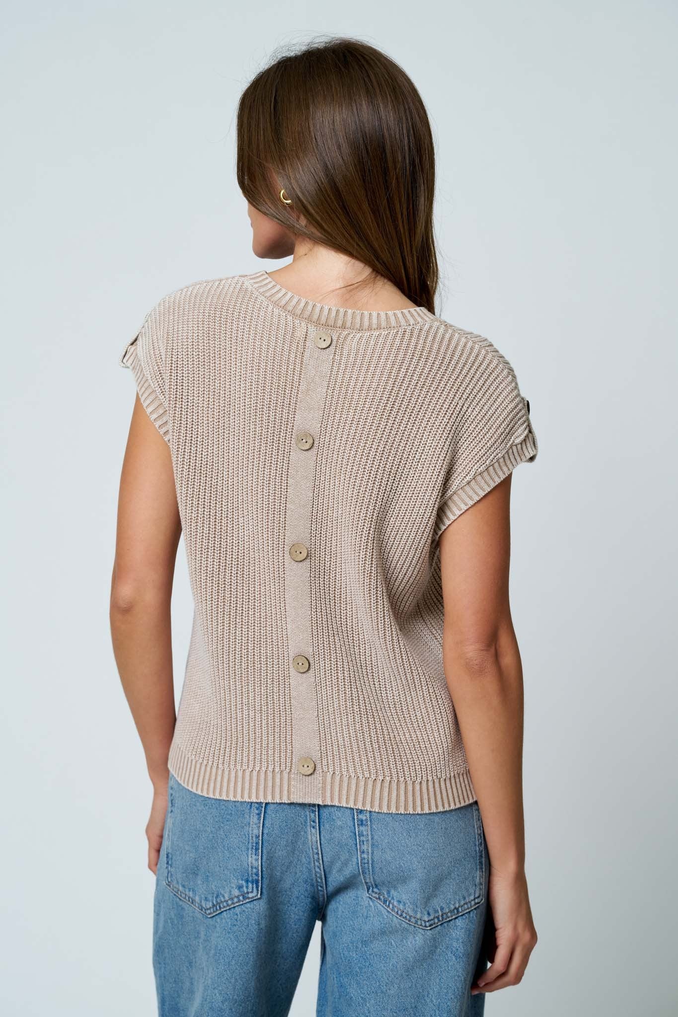 Acid Washed Back Button Knit Top (Khaki)