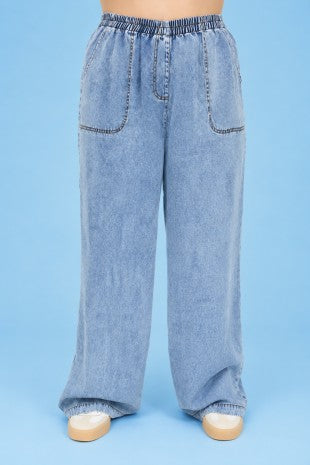 Elastic Waist Wide Leg Chambray Pants (XL - XXXL)