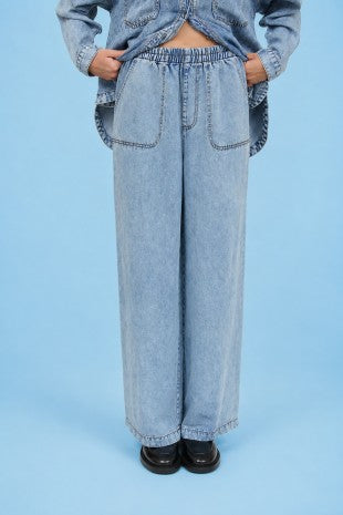 Elastic Waist Wide Leg Chambray Pants (XL - XXXL)