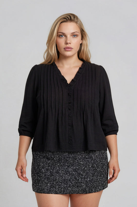 3/4 Sleeve Ruffle Trim Pintuck Detail Blouse (1X - 3X)