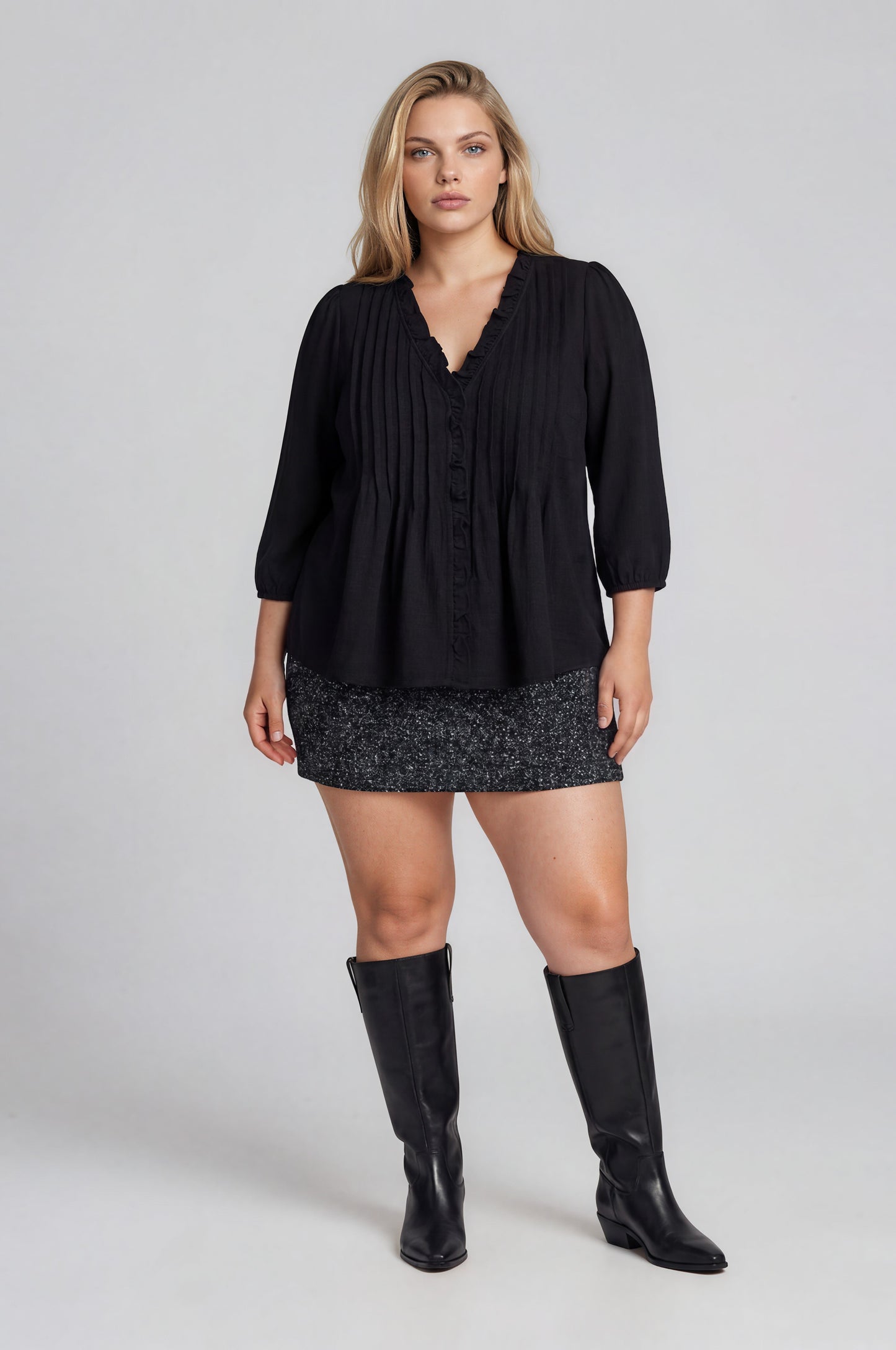 3/4 Sleeve Ruffle Trim Pintuck Detail Blouse (1X - 3X)