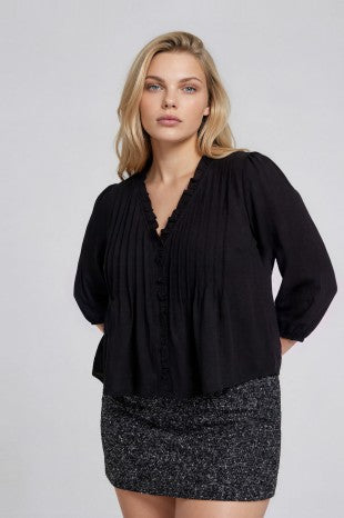 3/4 Sleeve Ruffle Trim Pintuck Detail Blouse (1X - 3X)