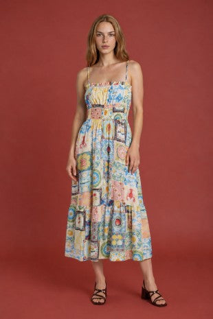 Positano Motif Spaghetti Strap Midi Dress