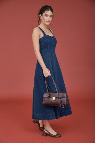 Sweetheart Neckline Sleeveless Denim Midi Dress