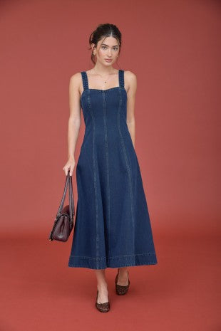 Sweetheart Neckline Sleeveless Denim Midi Dress