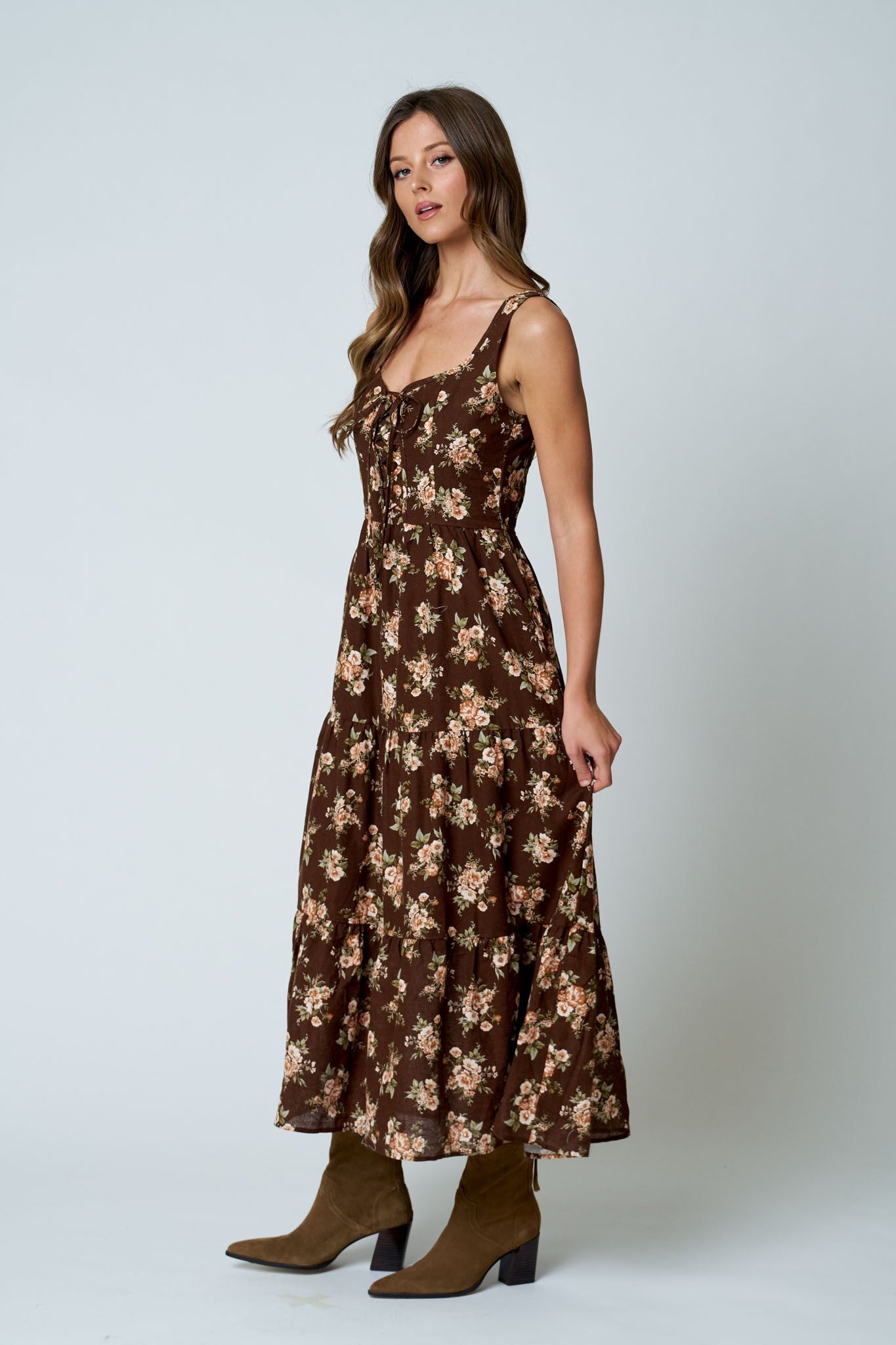 Lace Up Corset Style Floral Print Midi Dress
