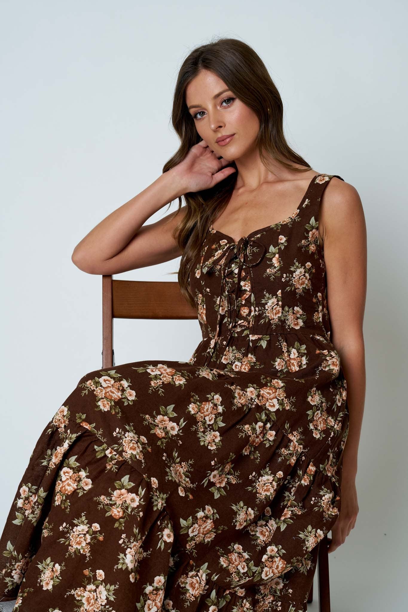 Lace Up Corset Style Floral Print Midi Dress