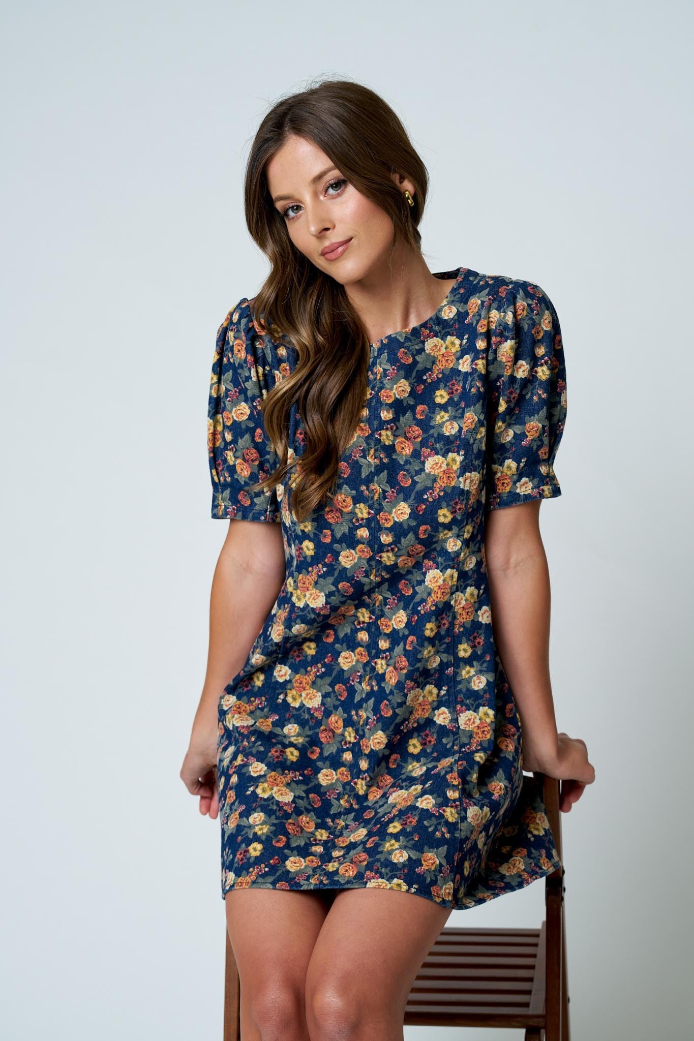 Floral Puff Sleeve Seam Detail Denim Dress