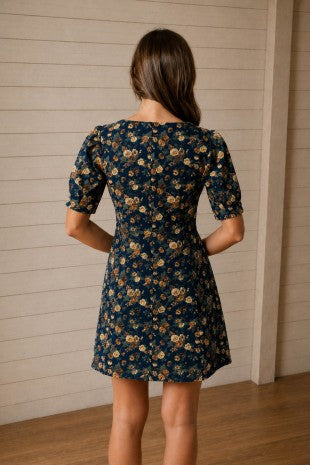 Floral Puff Sleeve Seam Detail Denim Dress