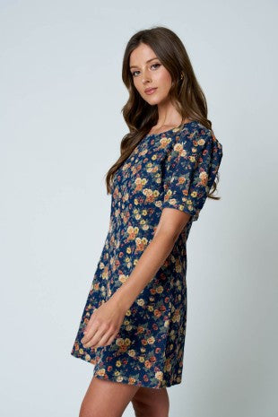 Floral Puff Sleeve Seam Detail Denim Dress