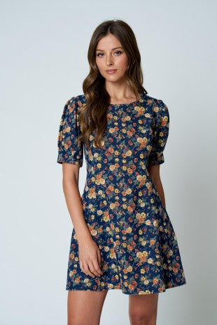 Floral Puff Sleeve Seam Detail Denim Dress