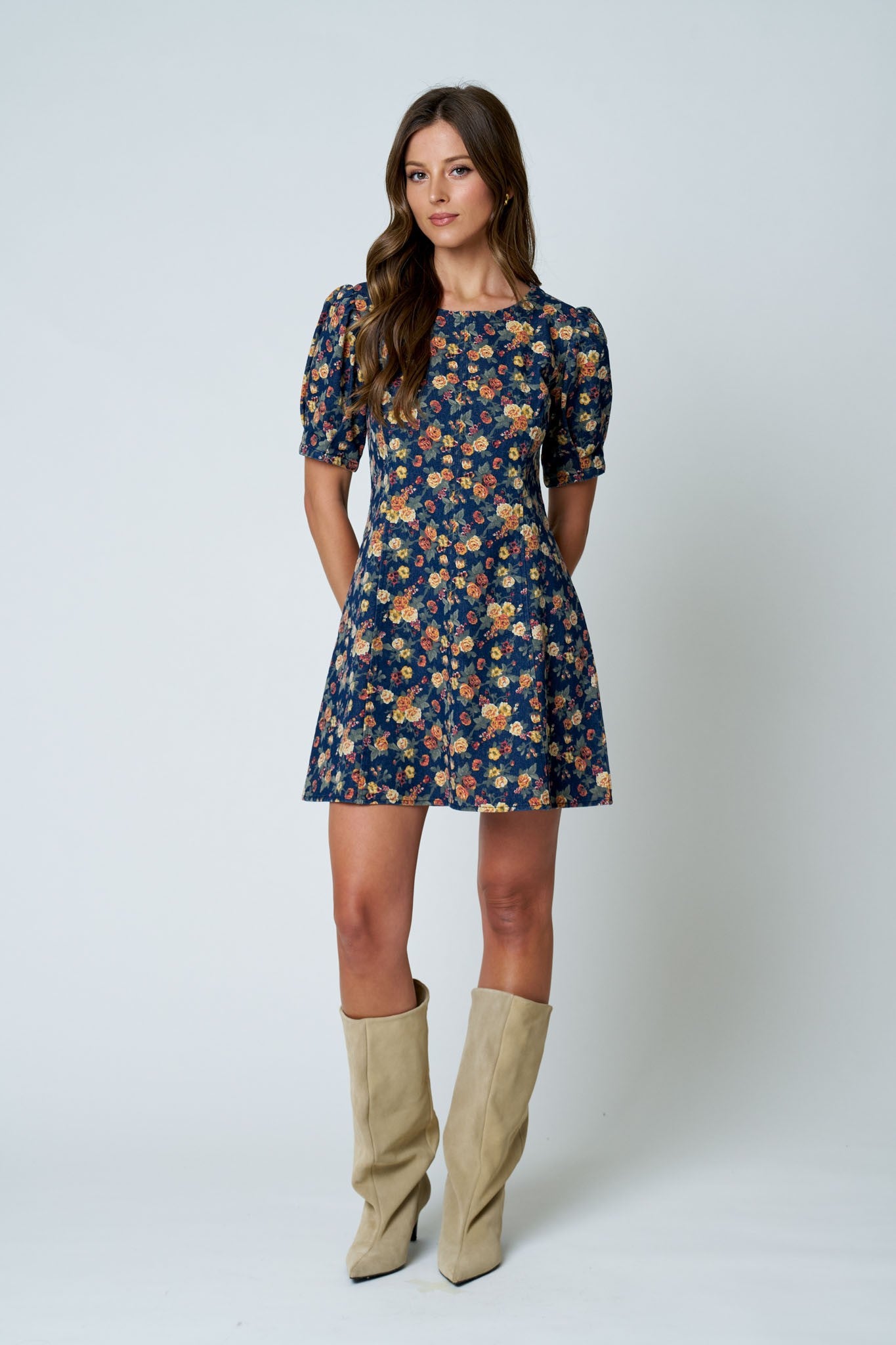 Floral Puff Sleeve Seam Detail Denim Dress