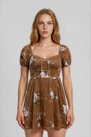 Floral Stripe Sweetheart Neckline Smocked Back Mini Dress