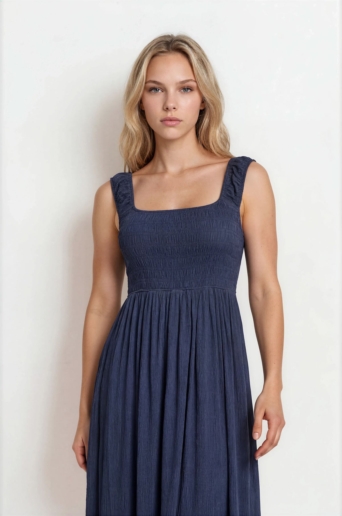 Crinkle Plisse Cap Sleeve Smocked Midi Dress