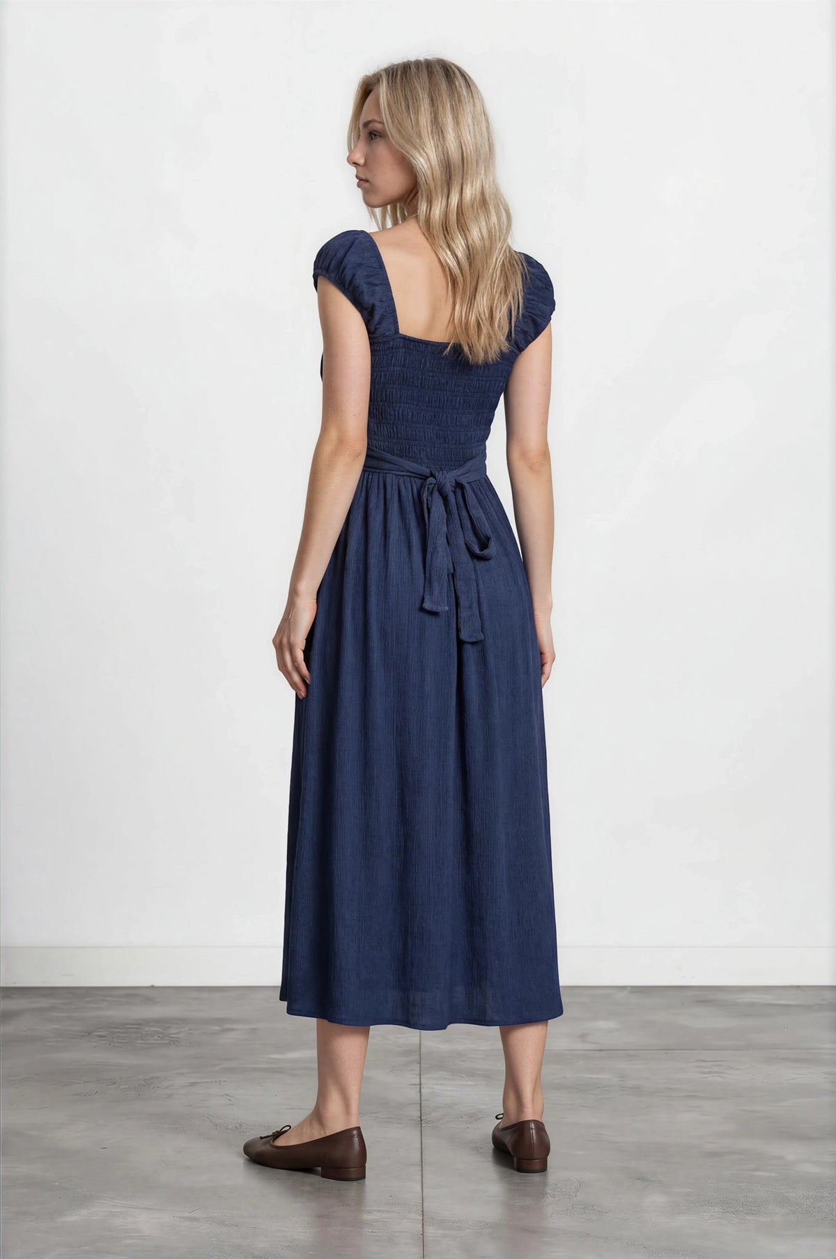 Crinkle Plisse Cap Sleeve Smocked Midi Dress
