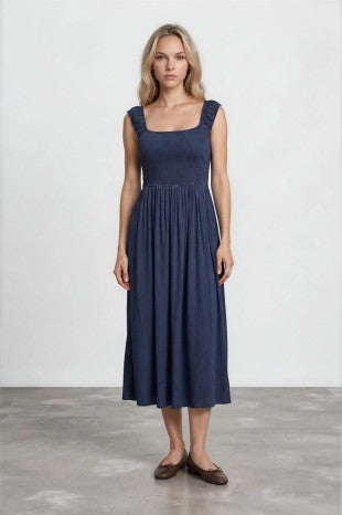 Crinkle Plisse Cap Sleeve Smocked Midi Dress