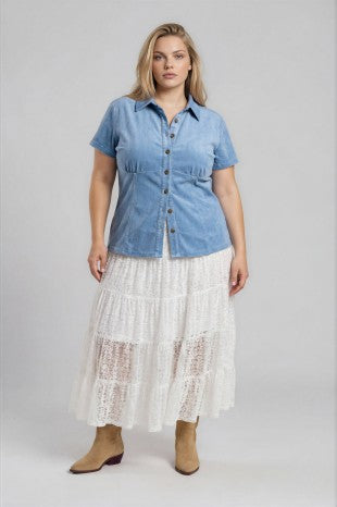 Collared Button Front Denim Short Sleeve Top (1X - 3X)