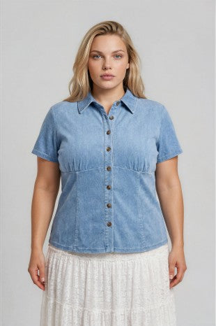 Collared Button Front Denim Short Sleeve Top (1X - 3X)