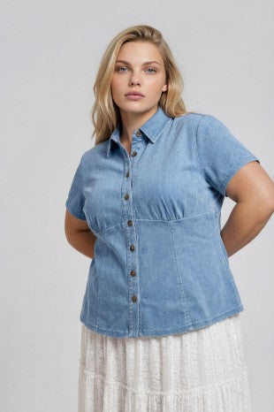 Collared Button Front Denim Short Sleeve Top (1X - 3X)