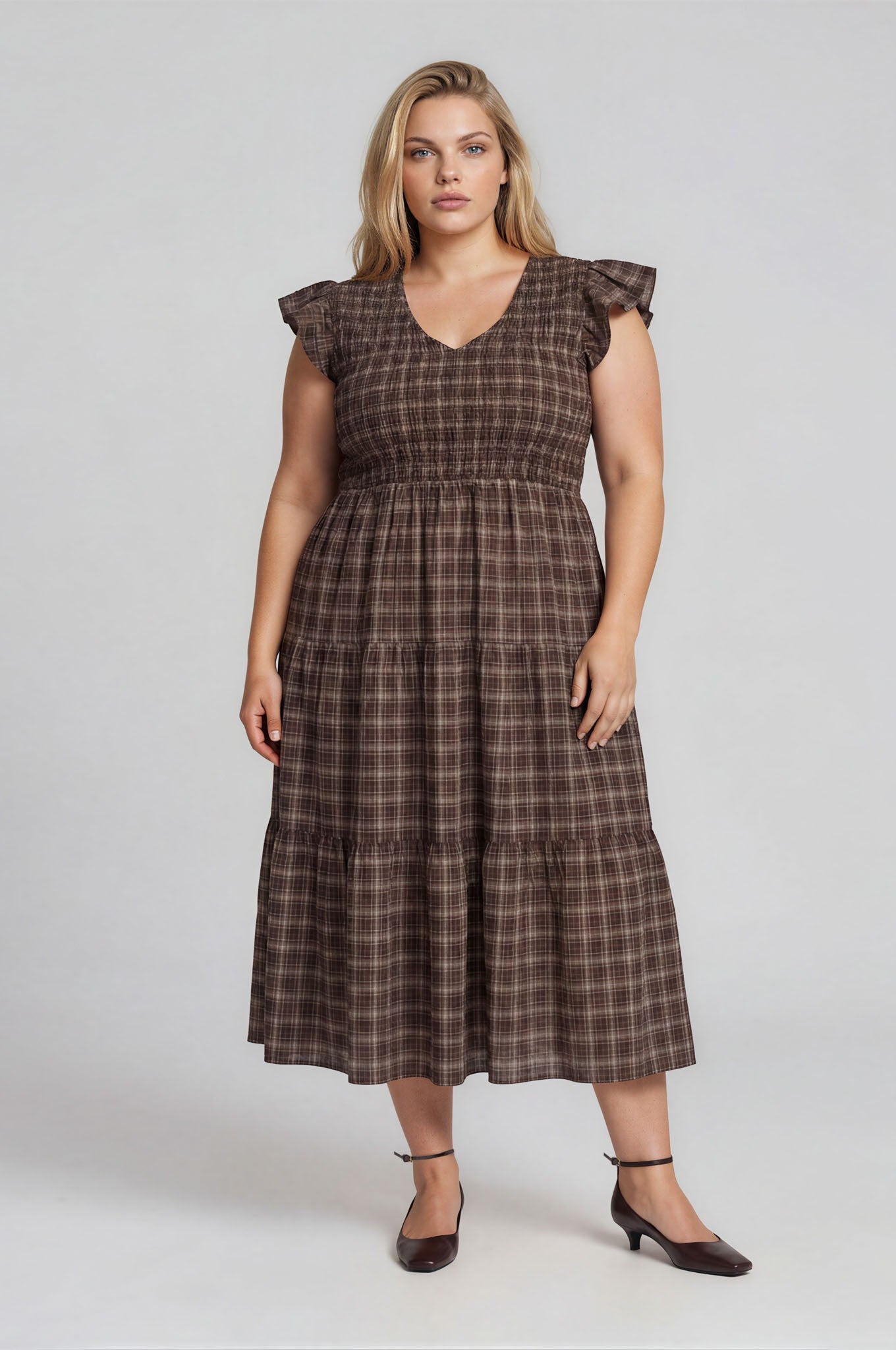 Plaid V-Neck Smocked Top Tiered Dress (1X - 3X)