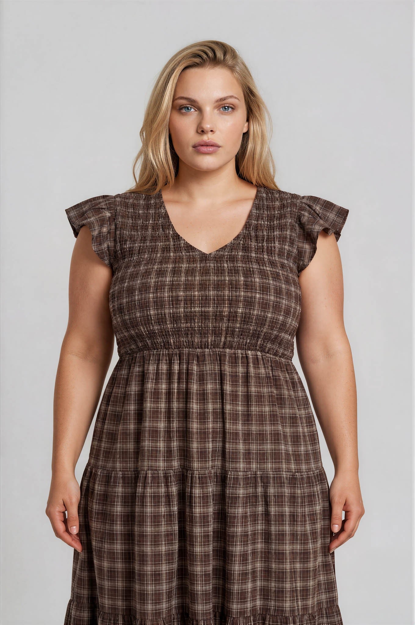Plaid V-Neck Smocked Top Tiered Dress (1X - 3X)
