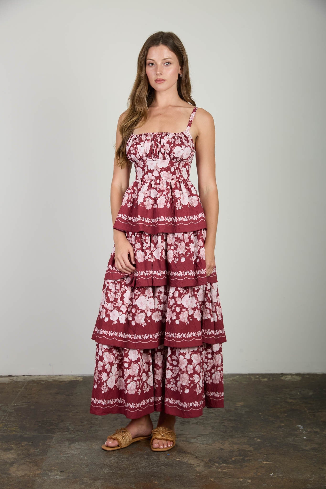 Floral Print Tiered Midi Dress