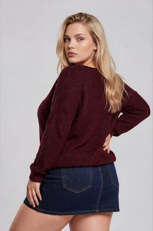 Pointelle V Stitch Rolled Edge Knit Sweater (XL - XXXL)