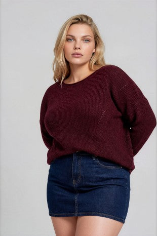 Pointelle V Stitch Rolled Edge Knit Sweater (XL - XXXL)