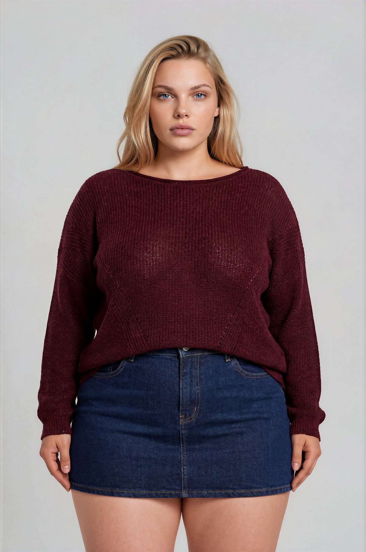 Pointelle V Stitch Rolled Edge Knit Sweater (XL - XXXL)