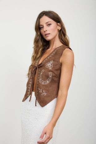 Faux Suede Horse Shoe Embroidery Tie Front Vest