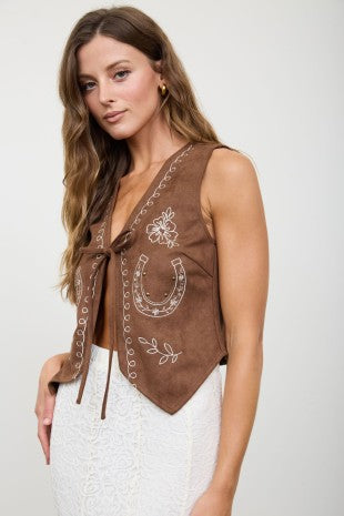 Faux Suede Horse Shoe Embroidery Tie Front Vest