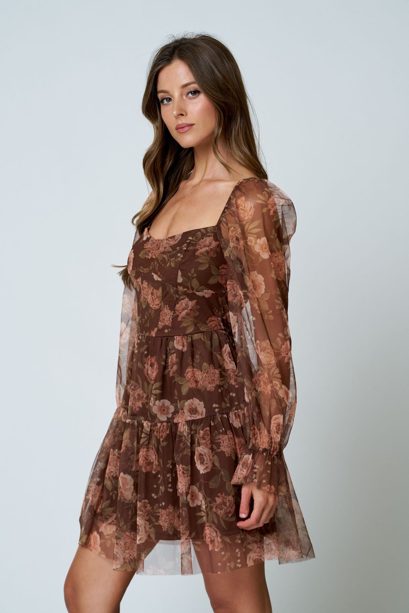 Floral Chiffon Long Sleeve Short Dress