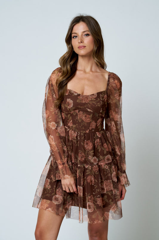 Floral Chiffon Long Sleeve Short Dress