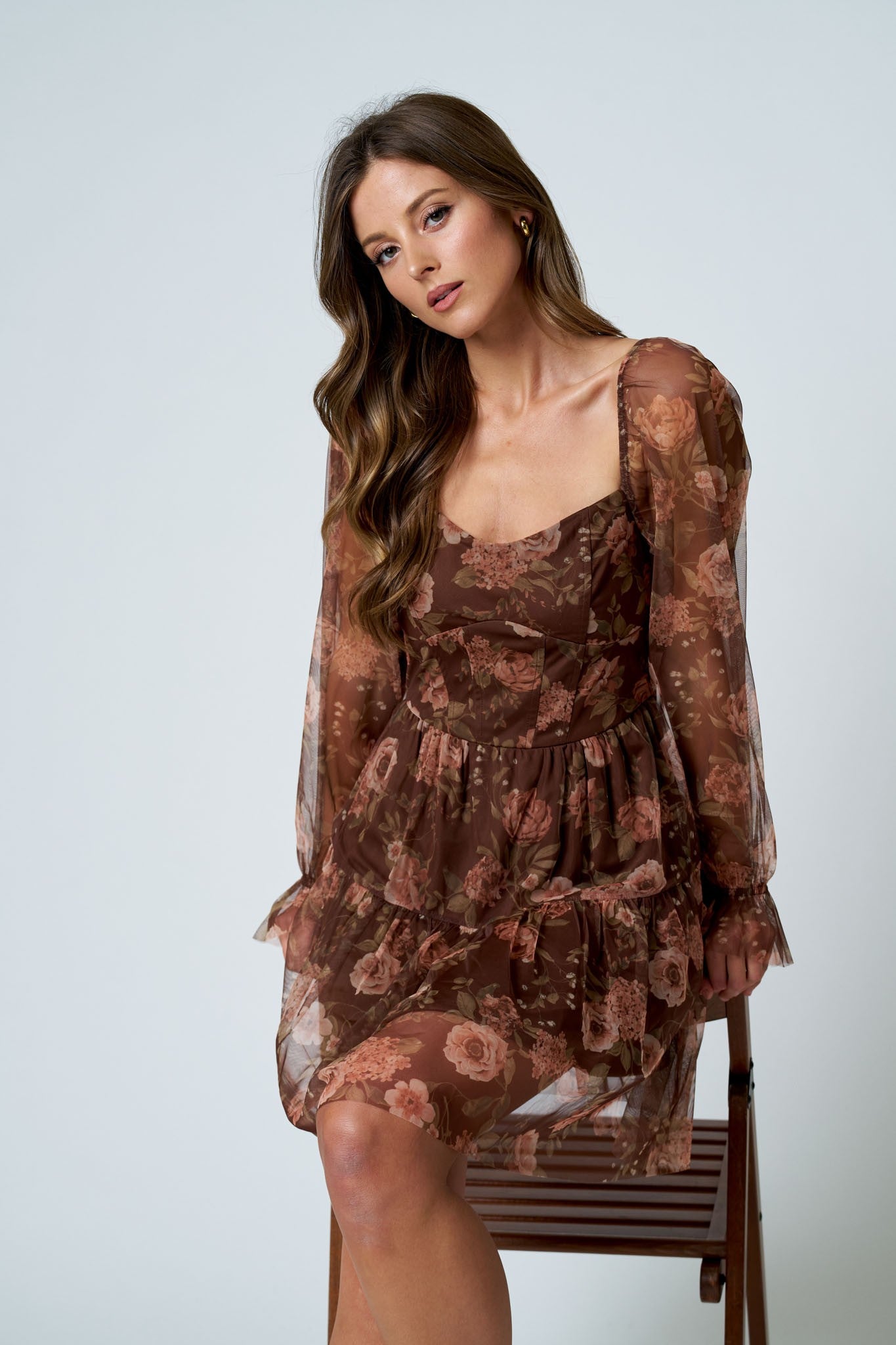 Floral Chiffon Long Sleeve Short Dress