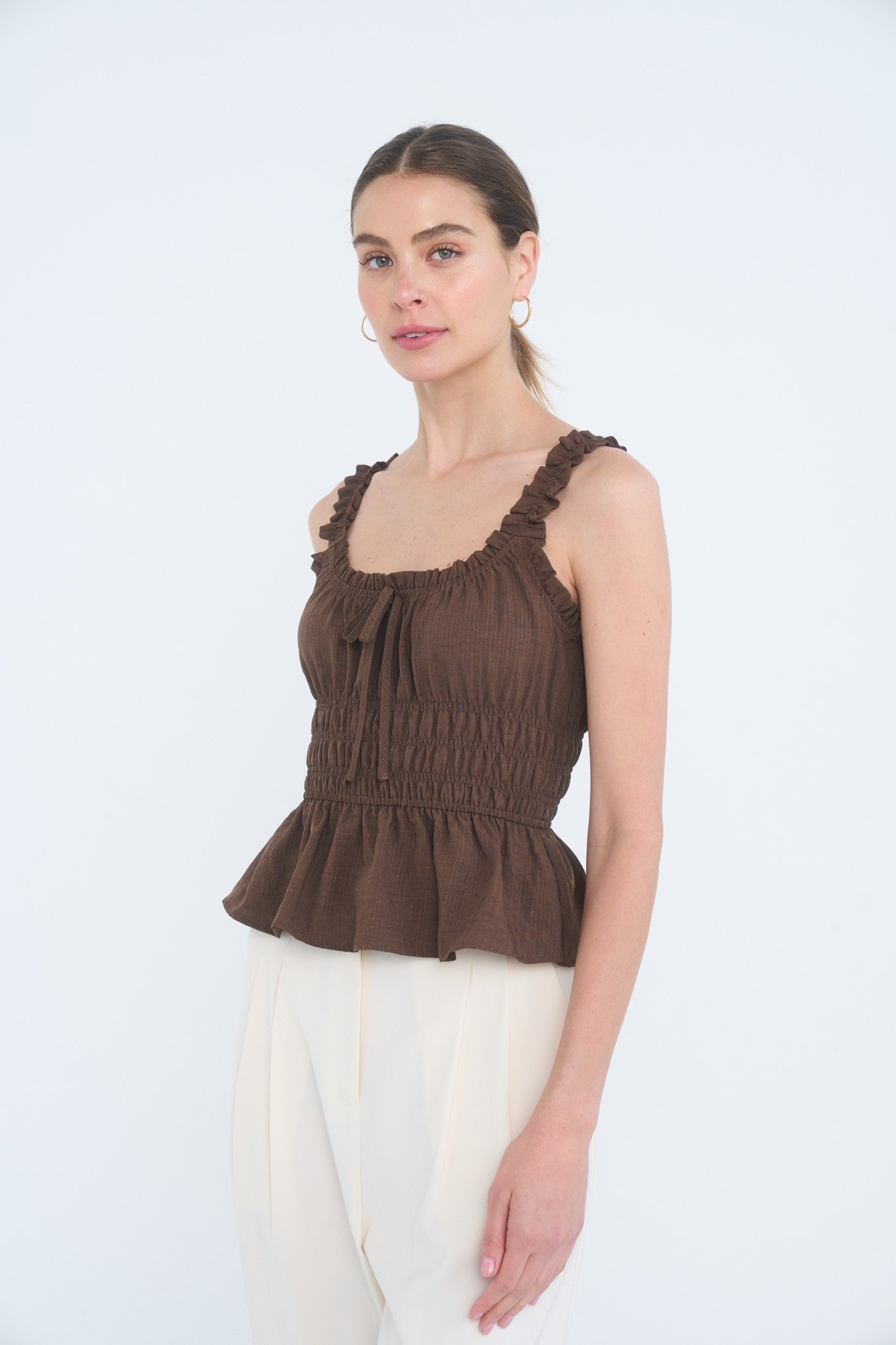 Ruffle Front Tie Shirred Waist Tank Top
