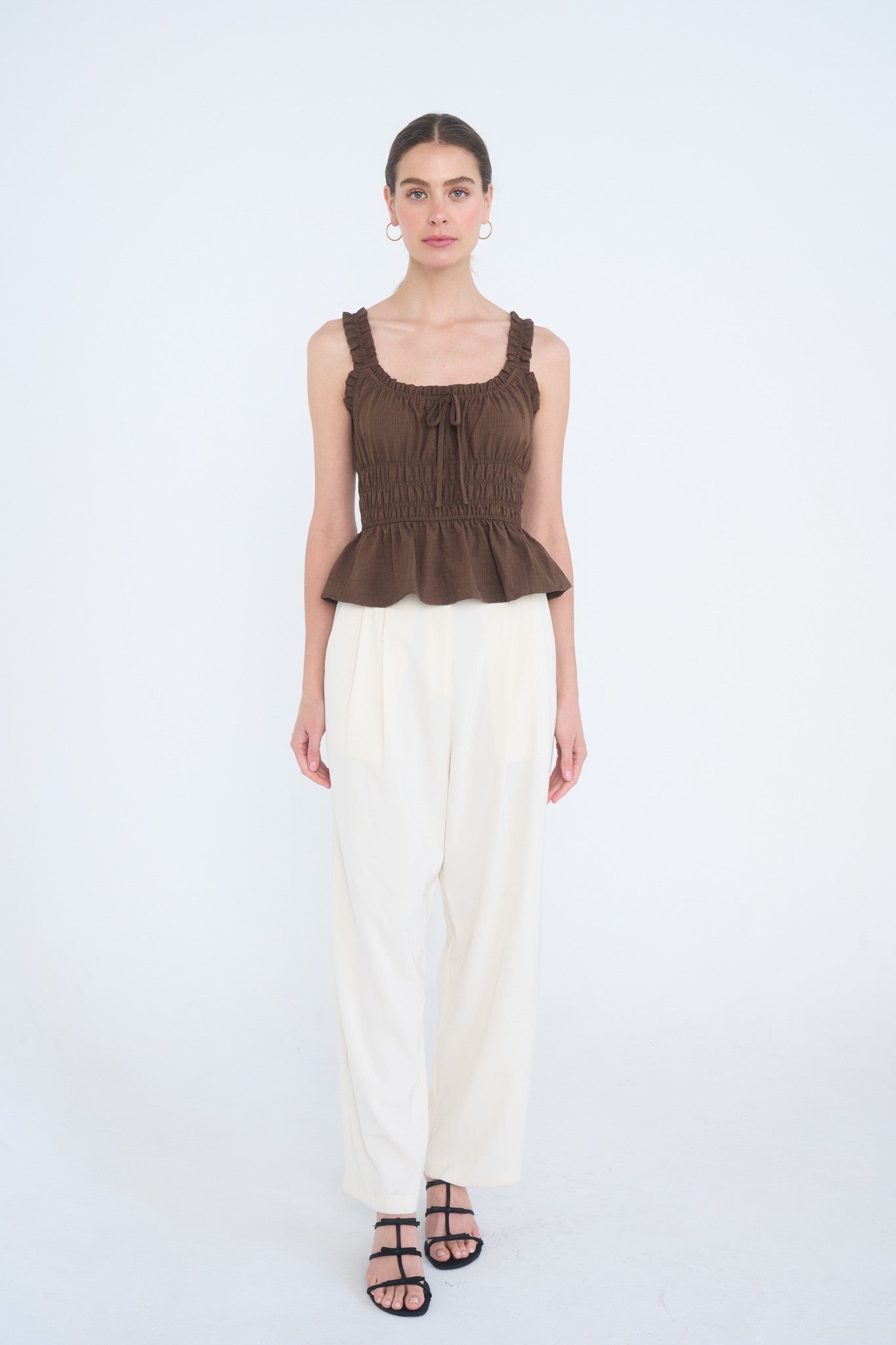 Ruffle Front Tie Shirred Waist Tank Top