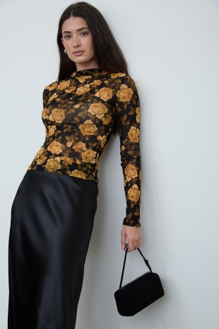 Floral Print Mock Neck Long Sleeve Mesh Top