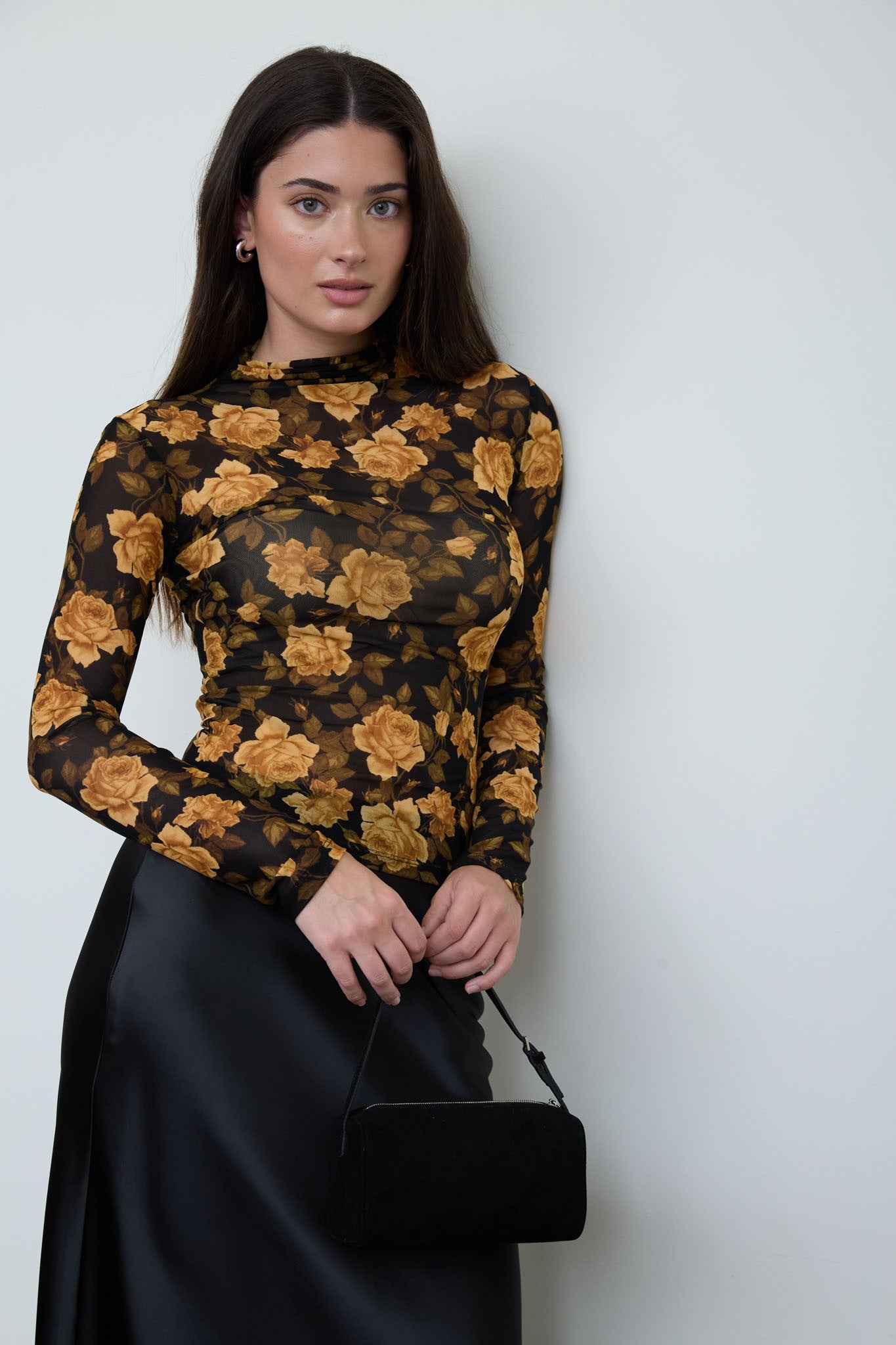 Floral Print Mock Neck Long Sleeve Mesh Top