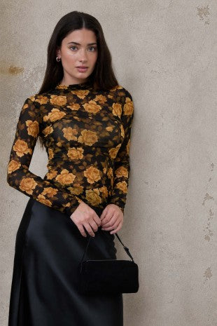Floral Print Mock Neck Long Sleeve Mesh Top